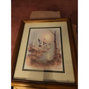 PAIR Of Andres Orpinas Woodland Flying Ducks Framed/Matted/Signed  14x11.5” EUC